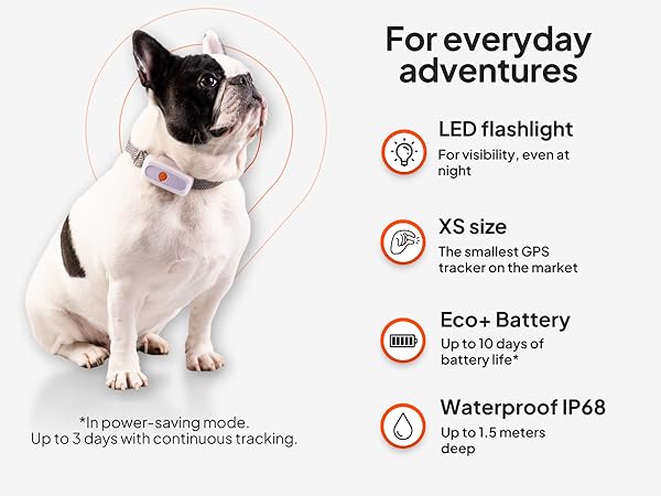 Text reads 'For everyday adventures', 'LED flashlight', 'XS size', 'Easy battery', 'Waterproof IP68'. Product features infographic with icons and specifications.