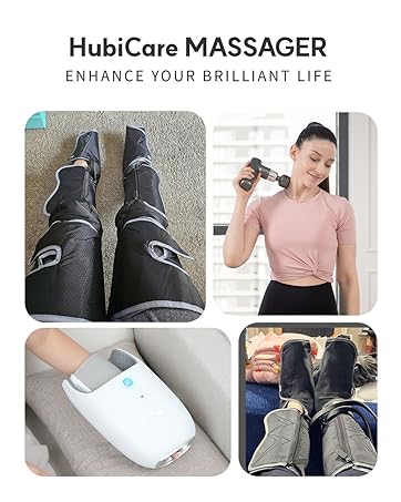 HubiCare Massager product showcase with black leg compression wraps and wireless control unit, shown in use and product detail views.