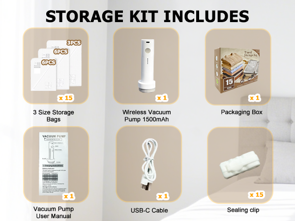 Vacuum storage kit includes 15 bags, wireless pump, USB-C cable, clips, manual and box.