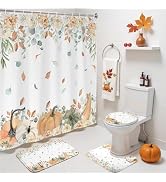 Mocsicka 4 Pcs Fall Shower Curtain Set Autumn Pumpkins Maple Leaves Shower Curtain Non-Slip Rugs ...