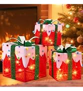 ALHAKIN Christmas Lighted Gift Boxes, Set of 3 LED Light Up Present Boxes with Green Bows and Col...