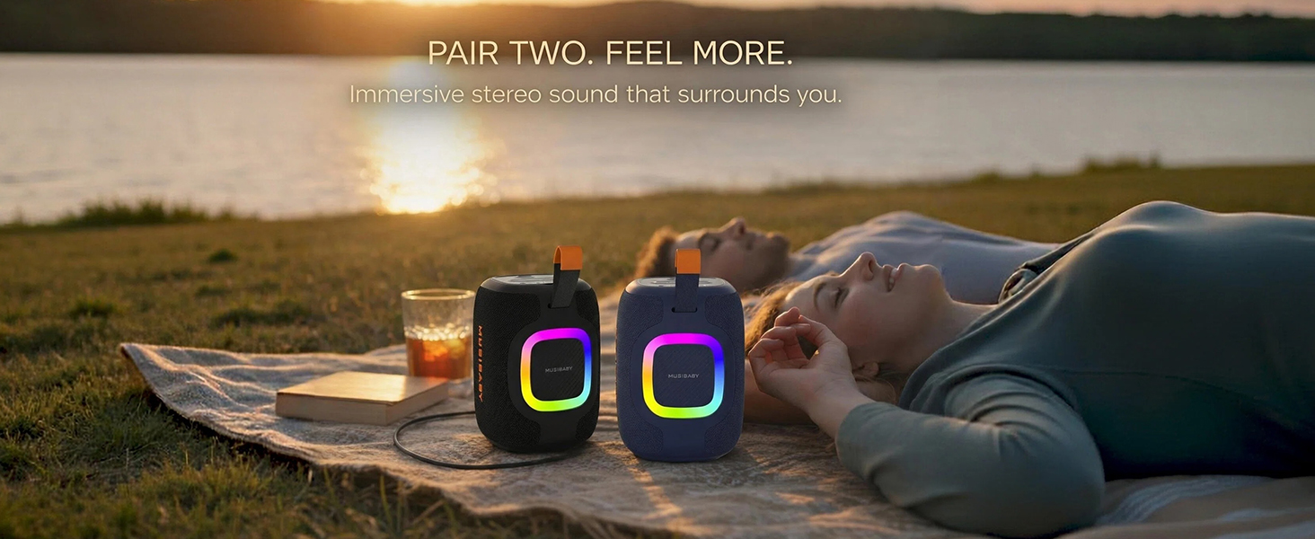 Two portable Bluetooth speakers paired for immersive stereo sound during relaxe Beach Ready