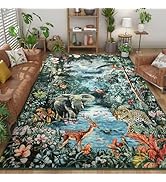 Amearea Jungle Print 5x7 Area Rug for Living Room, Washable Forest Animal Rugs for Bedroom, Low P...