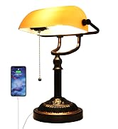 Rizzyluz Rustic Desk Lamp Pull Chain, Traditional Bankers Desk Lamp with USB Port, Vintage Farmho...