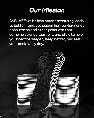 BLAZE Nasal Strips stacked on black surface with mission text about better breathing