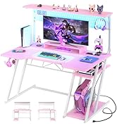 Gaming Computer Desk with Power Outlets, Gaming Desk with Hutch and LED Lights, Reversible PC Gam...