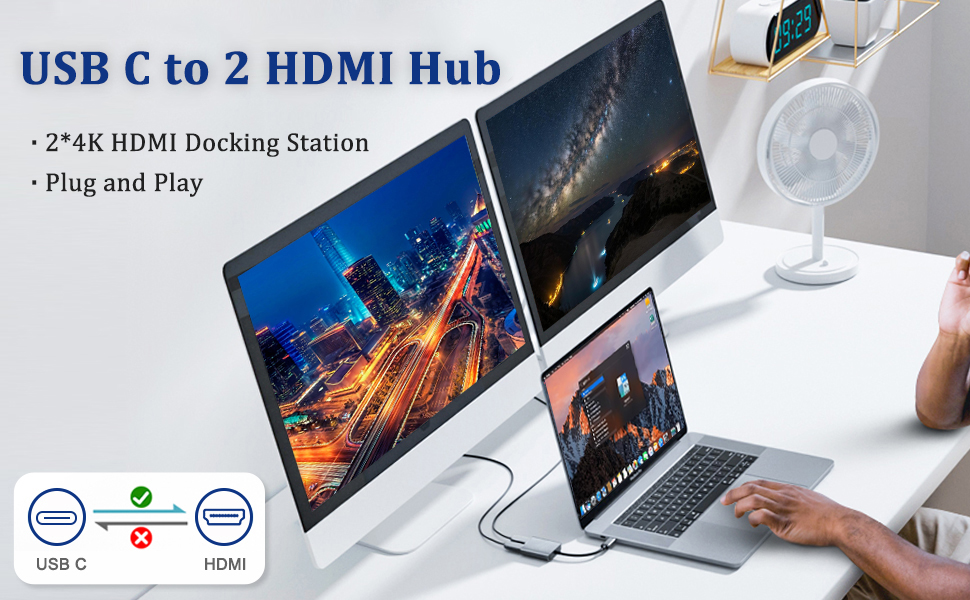 USB C to Dual HDMI Adapter with 2 4K@60Hz HDMI Docking Station Type C to HDMI Splitter for 2 Monitor