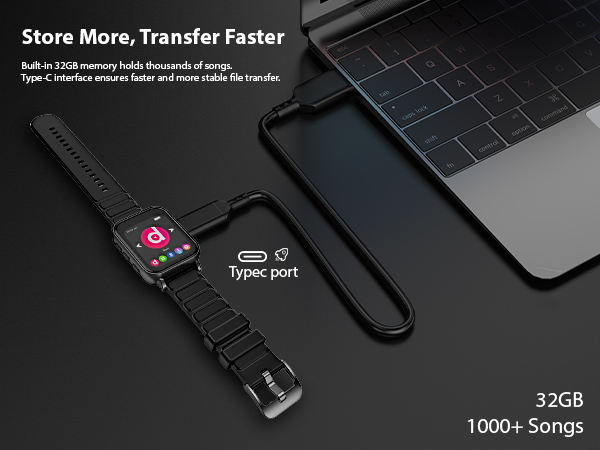 Portable 32GB MP3 Player with Type-C Port, Wrist-Mounted Music Device for Quick Data Transfer