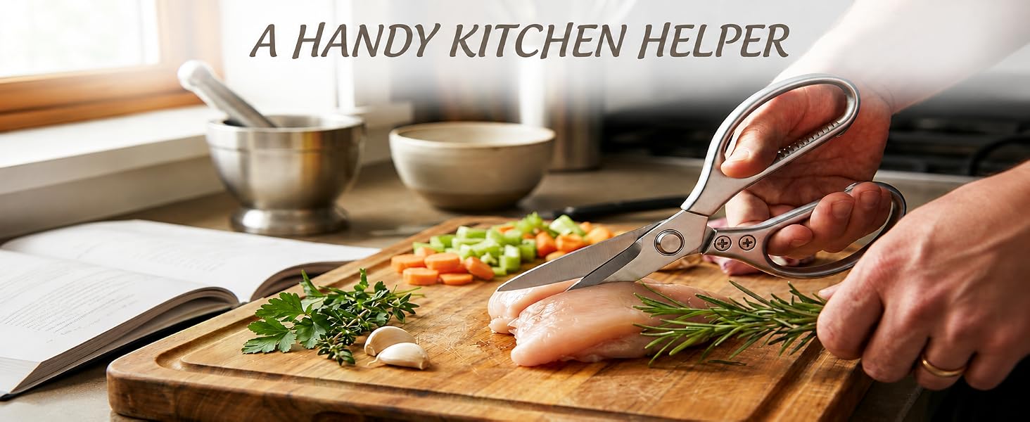 Multi-purpose kitchen shears chopping poultry and veggies