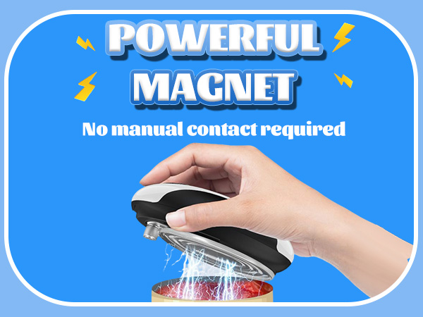 Text reads 'POWERFUL MAGNET' and 'No manual contact required'. Blue background product demonstration images showing magnetic functionality.