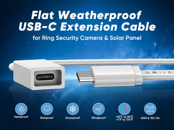 Flat weatherproof usb c extension cable