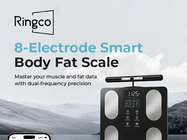 Front display image of an 8-Electrode Smart Body Fat Scale and the Ringco brand logo.