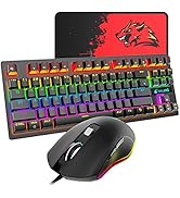 Gaming Keyboard and Mouse Combo with Mice Pad, Blue Switch 87 Keys USB Wired Rainbow Backlit Mech...