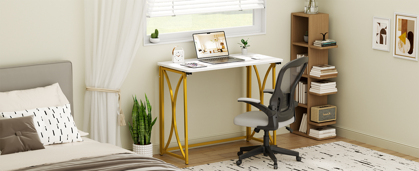 Under a window, a folding table with a computer, a chair, plants and bookshelves on both sides