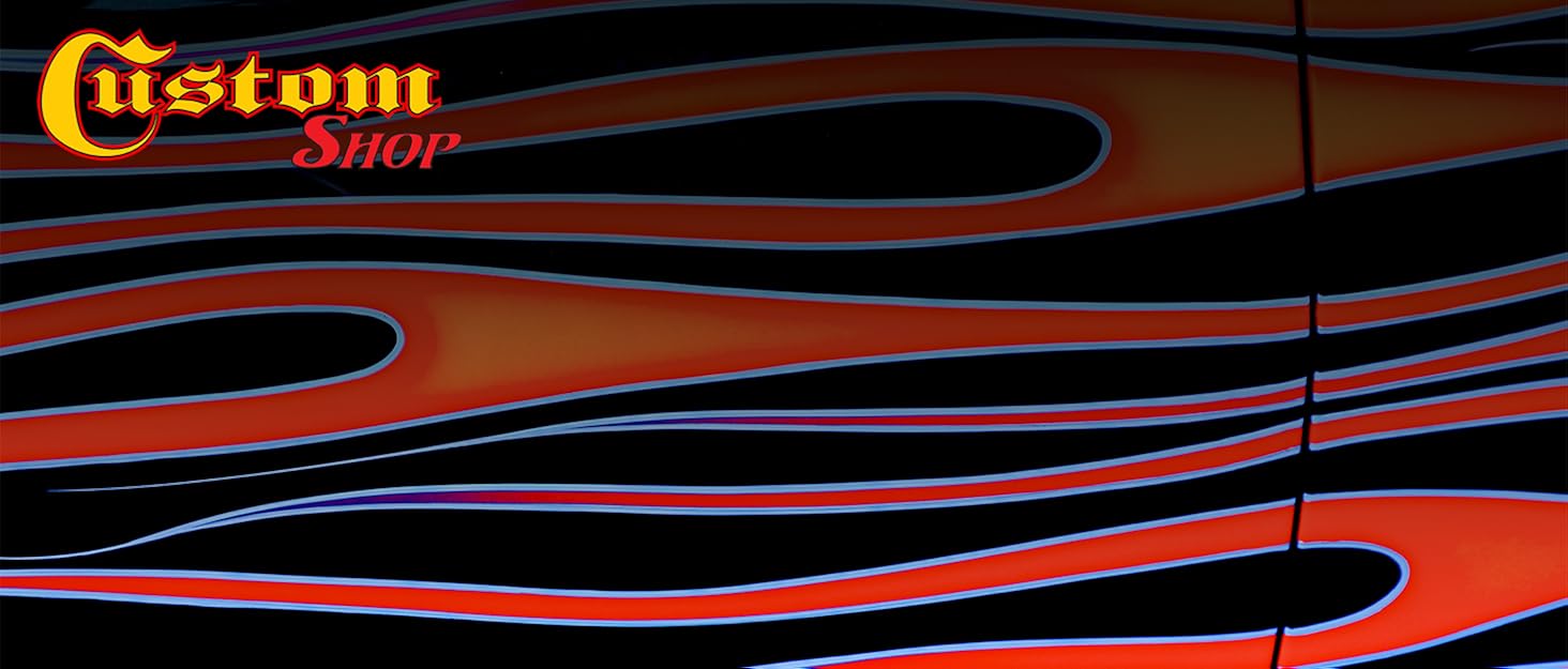 custom shop logo with red orange flame pattern on car door