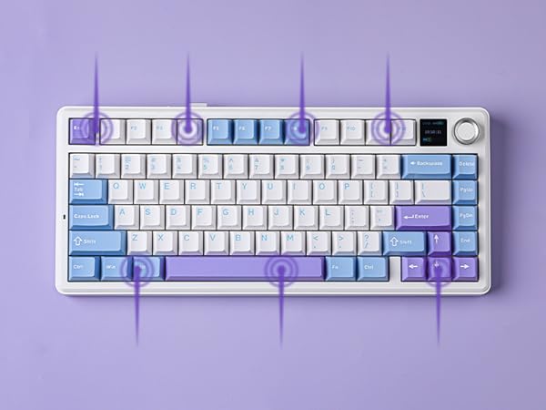 a computer keyboard with a blue and white keyboard.