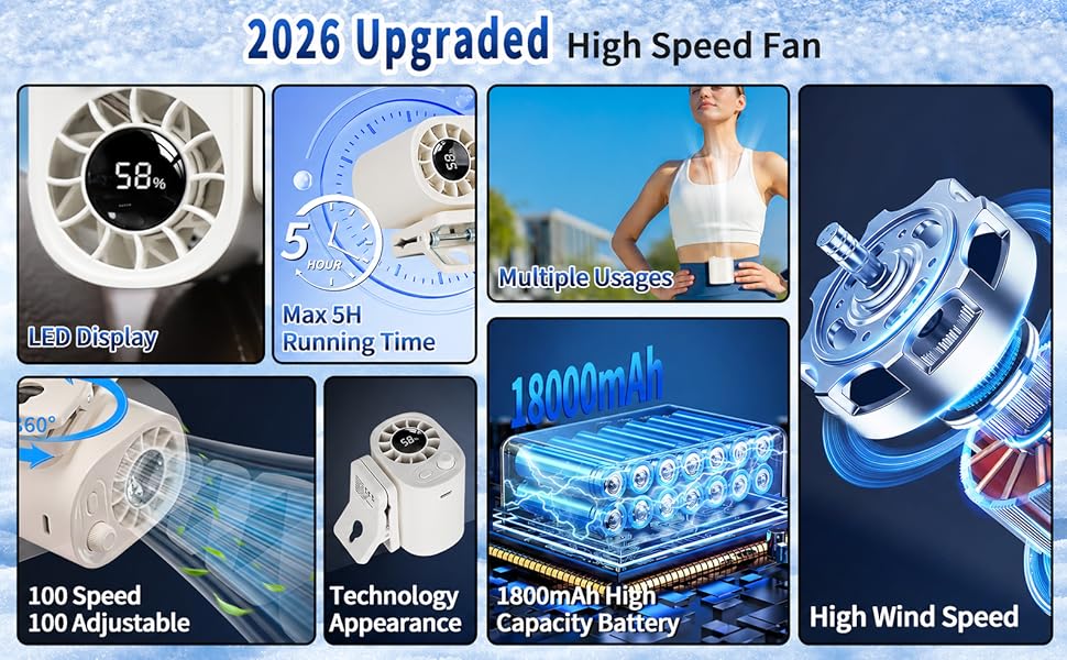 2026 personal clip fan led display usb rechargeable battery powerd high speed fan