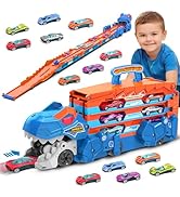 VATOS Toddler Truck Toy - Ejection Folding Dinosaur Track, Portable Truck Car with 8 Race Cars, B...