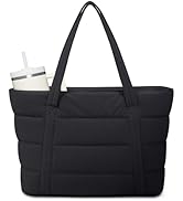 Narwey Puffer Tote Bag with Cup Holder &amp; Laptop Compartments, Quilted Puffy Travel Work Tote Bags...