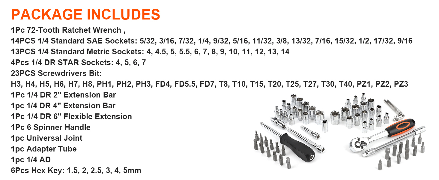 1Pc 72-Tooth Ratchet Wrench,14PCS 114 Standard SAE Sockets,13PCS 1/4 Standard Metric Sockets