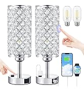 Crystal Lamp Touch Control Set of 2, Sliver Crystal Table Lamps with USB C+A Ports &amp; AC Outlet, 3...