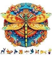Colorful Dragonfly Wooden Puzzle, 467 Pieces Unique Animal Shaped Wood Jigsaw Puzzle, 45x40cm Lar...