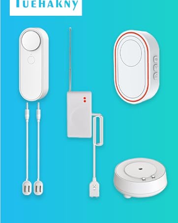 White smart home security devices on turquoise background, including sensors, control unit, and circular base unit with connecting wires.