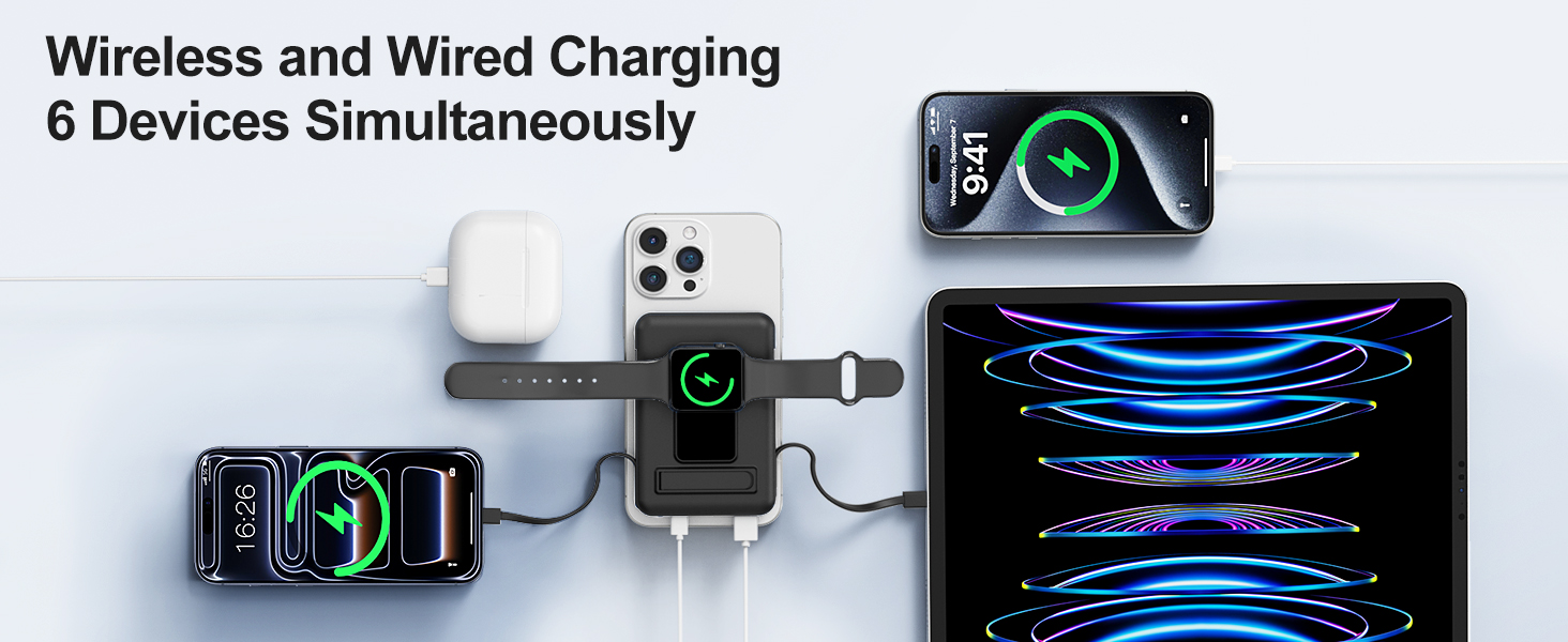 Text reads 'Wireless and Wired Charging' and '6 Devices Simultaneously'. Technical diagram showing charging system connectivity with glowing blue connection lines.