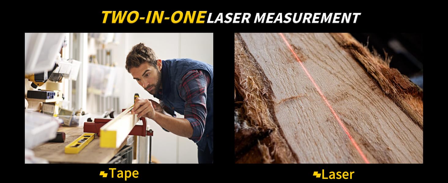 2-in-1 laser tape measure, dual mode for tape and laser measurement.