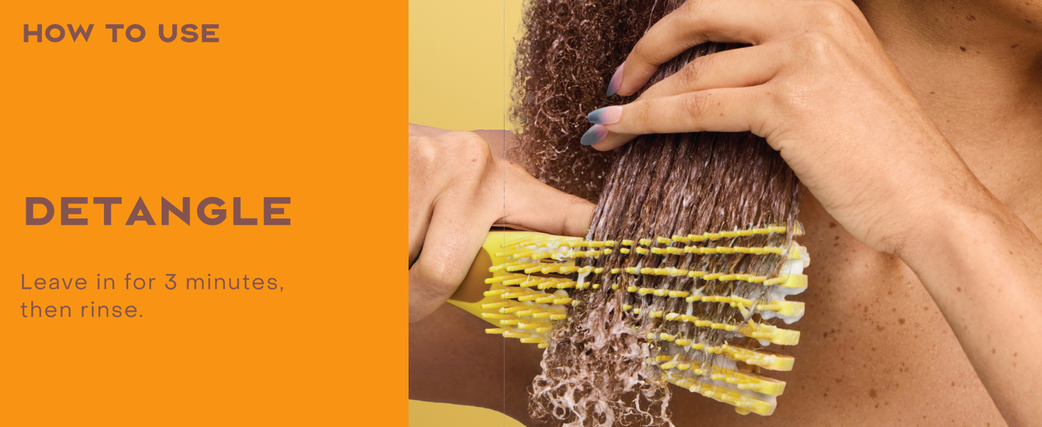 Image of a woman&amp;#39;s hand combing wet curly hair, next to detangling instructions.