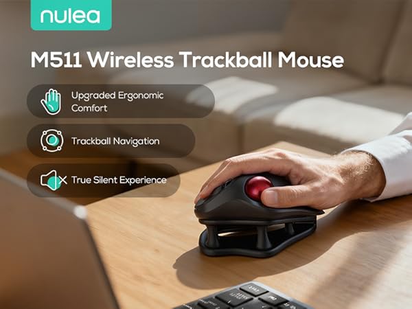Text reads 'Wireless Trackball Mouse', 'nulea', 'M511 Wireless Trackball Mouse'. Product images showing black wireless mouse with ergonomic design on wooden surface.