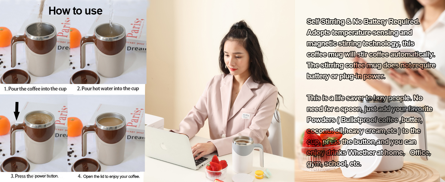 Self stirring coffee mug for coffee, tea, hot chocolate, milk, protein shake, bouillon, etc.