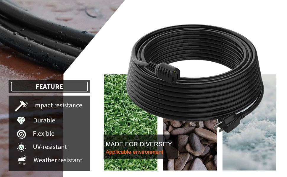 Indoor Outdoor Extension Cord 15 25 50 FT Waterproof 16/3 Gauge Black Extension Cord
