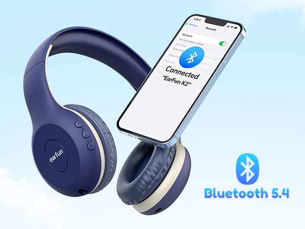 Navy blue wireless over-ear headphones with beige accents, shown alongside a smartphone displaying Bluetooth connection status. Bluetooth 5.4 logo visible.