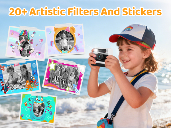 Text reads '20+ Artistic Filters And Stickers'. Collection of filtered photo effects showing outdoor activities and scenes.