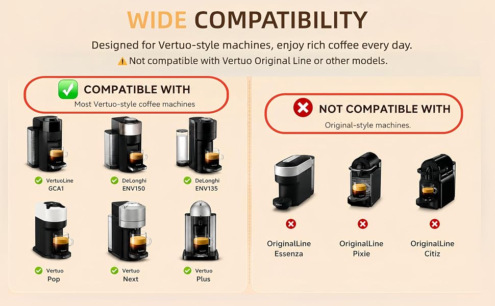 Seamlessly compatible withVertuo Pop, Next, Plus, and DeLonghi ENV135 &amp;amp;amp; ENV150 machines.