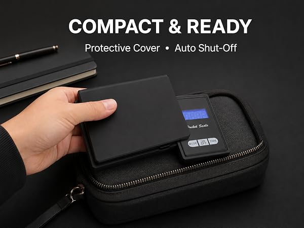 Compact digital scale with protective cover being placed into a travel pouch.