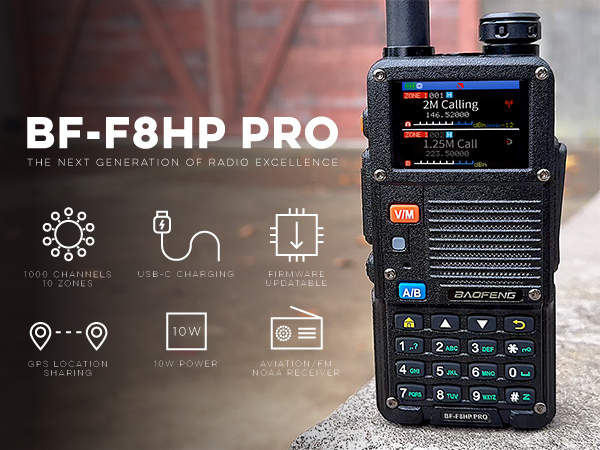 BF-F8HP PRO banner: 10W HT with USB-C, GPS sharing, NOAA/Airband, firmware updates, 1000 ch.