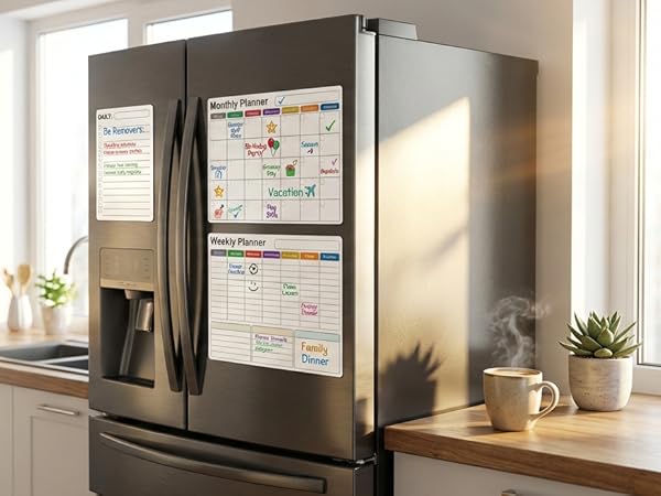 AUVIREC magnetic dry erase calendar set on a fridge in a modern, organized kitchen.