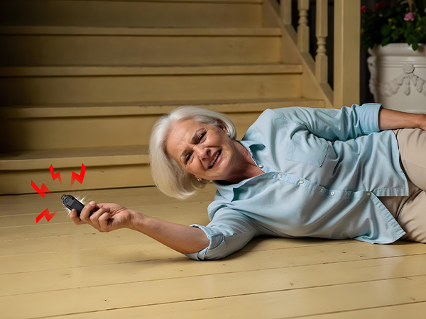 Demonstration sequence showing person lying on floor reaching for small black device under furniture, using it as a retrieval tool.