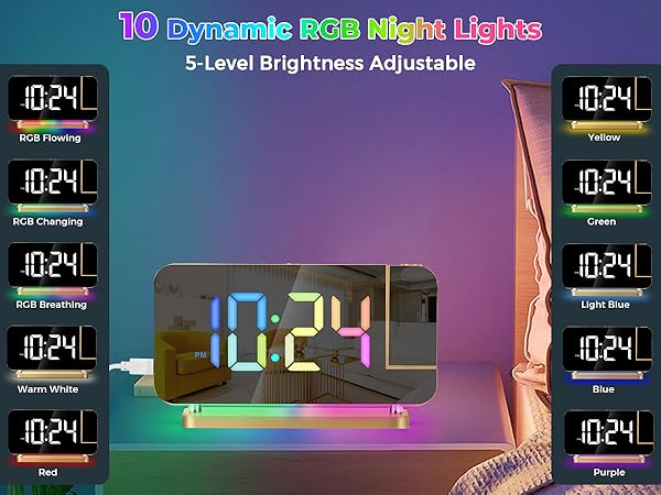 led mirror digital alarm clock with rgb night light