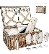 Willow Picnic Basket Set for 4 Persons with Large Insulated Cooler Bag and Waterproof Picnic Blan...
