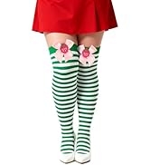 Voiiake Green and White Striped Socks for Strawberry Themed Costume Women, Nylon Over the Knee Hi...