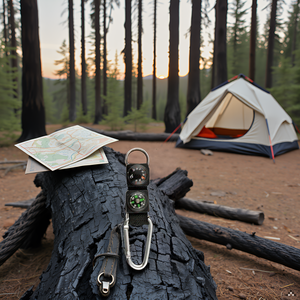 A rugged outdoor scene with a product resting on a rocky surface, surrounded by lush greenery and a 
