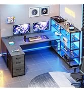 SEDETA Corner Computer Desk, Reversible U Shaped Office Desk with 3 Fabric Drawers and Power Outl...