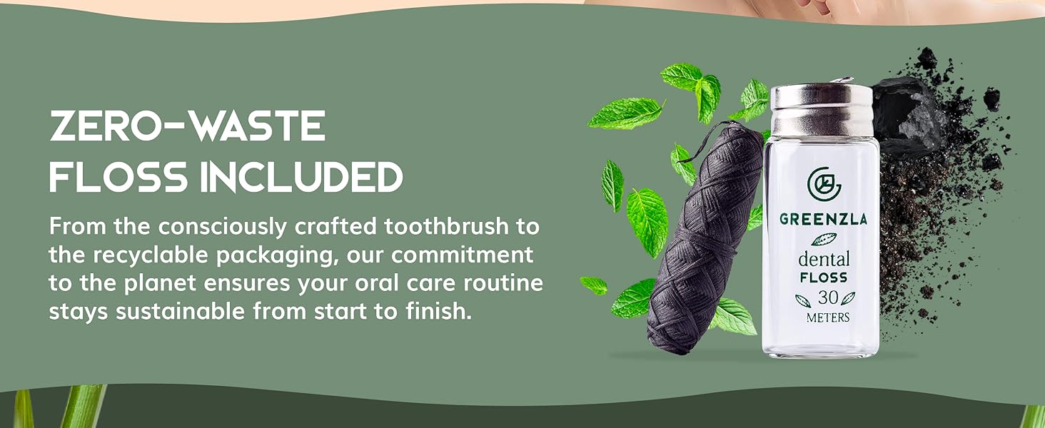 Greenzla Natural Bamboo Toothbrushes, toothbrushes for adults, charcoal dental floss