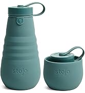Stojo Collapsible Water Bottle – Eucalyptus Teal, 20oz / 592ml - Leak-Proof Reusable Silicone Tra...