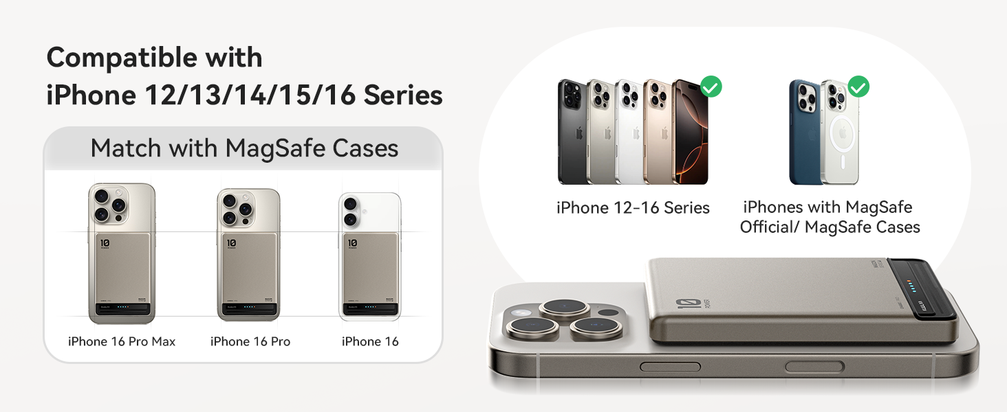 MagSafe-compatible phone case for iPhone 12-16 series. Shows various iPhone models, case colors, and a close-up of the case's magnetic attachment feature.