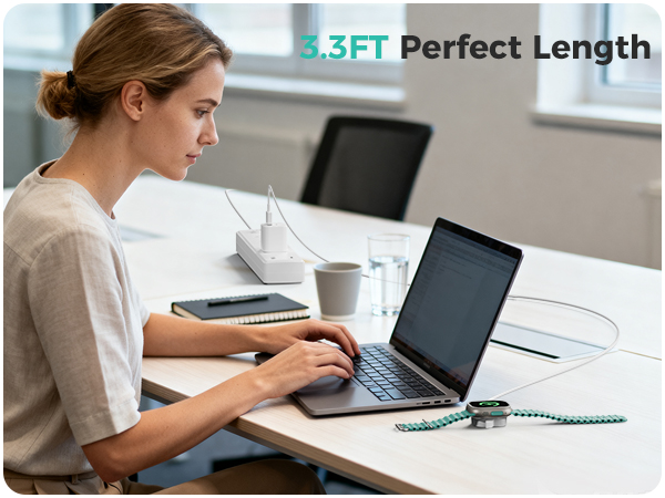 Text reads: '3.3FT Perfect Length'. Series of images showing laptop usage at desk, focusing on proper ergonomic positioning and workspace setup.