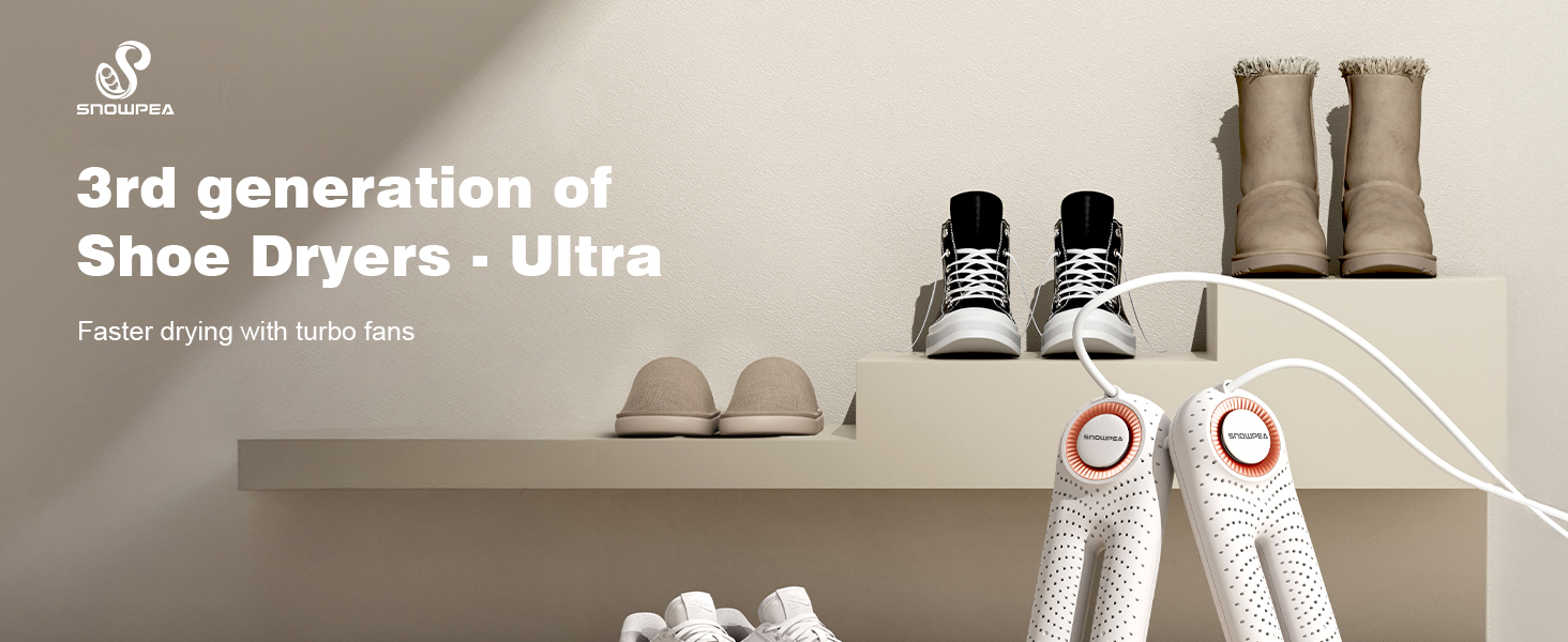 Text reads '3rd generation of Shoe Dryers - Ultra'. Product advertisement showing white shoe dryer device with timer controls.